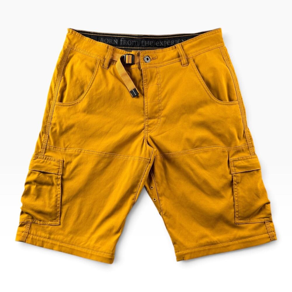 prAna Stretch Zion Cargo Shorts Mens 30 Mustard Gold Hiking Belt M4SC30111